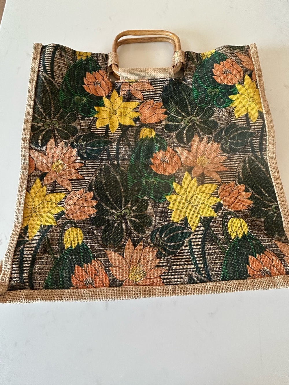Floral Jute Tote Bag with Bamboo  Wooden Handles - Yellow & Green